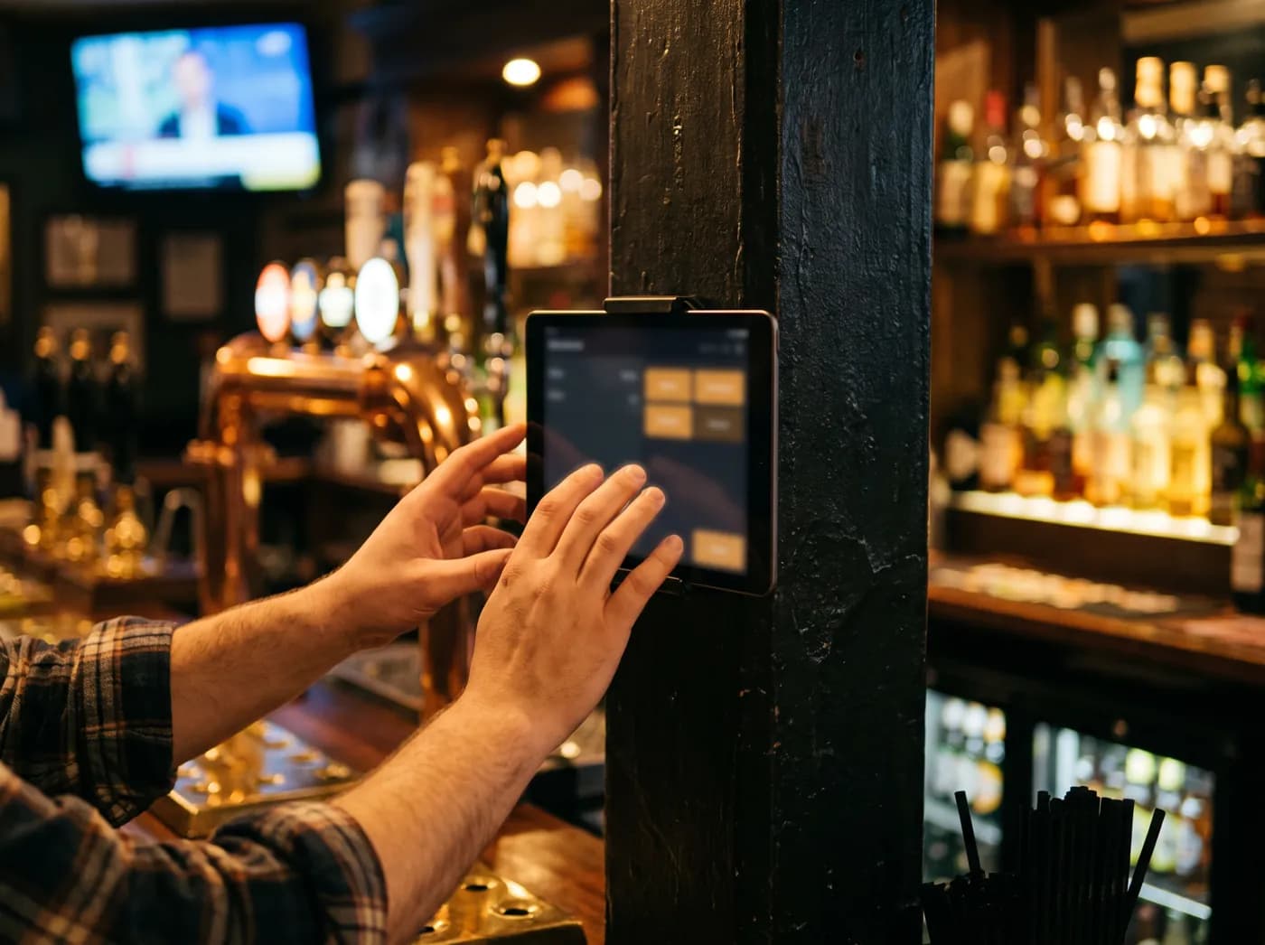 A bartender reaching up to a wall-mounted TavernSync control tablet behind the bar during service.